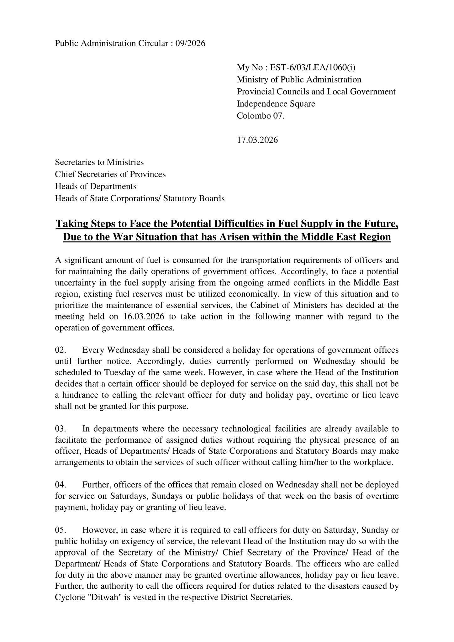 Public Administration Circular issued to address potential fuel supply challenges