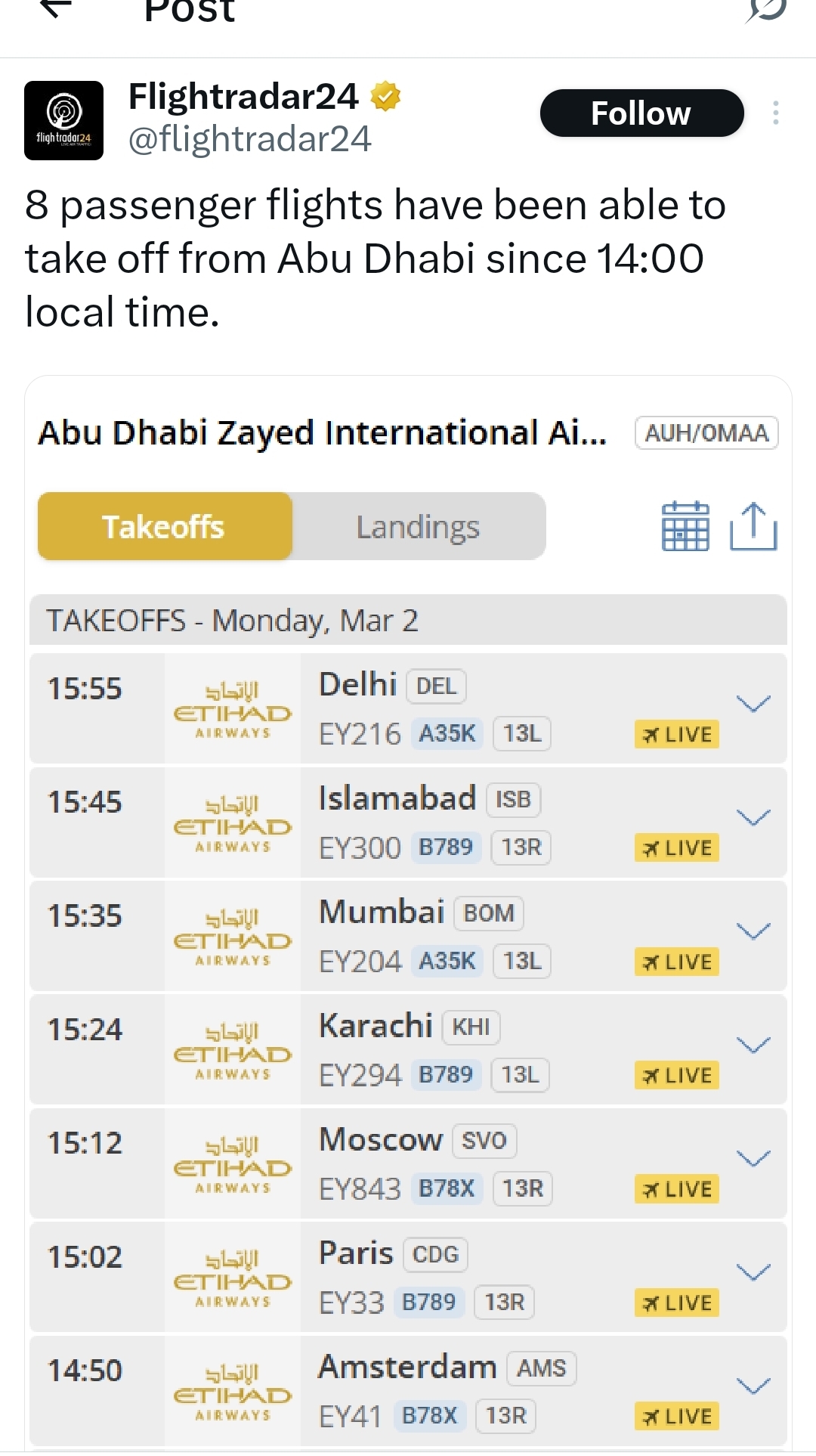 Flight operations : Update from Etihad & Emirates