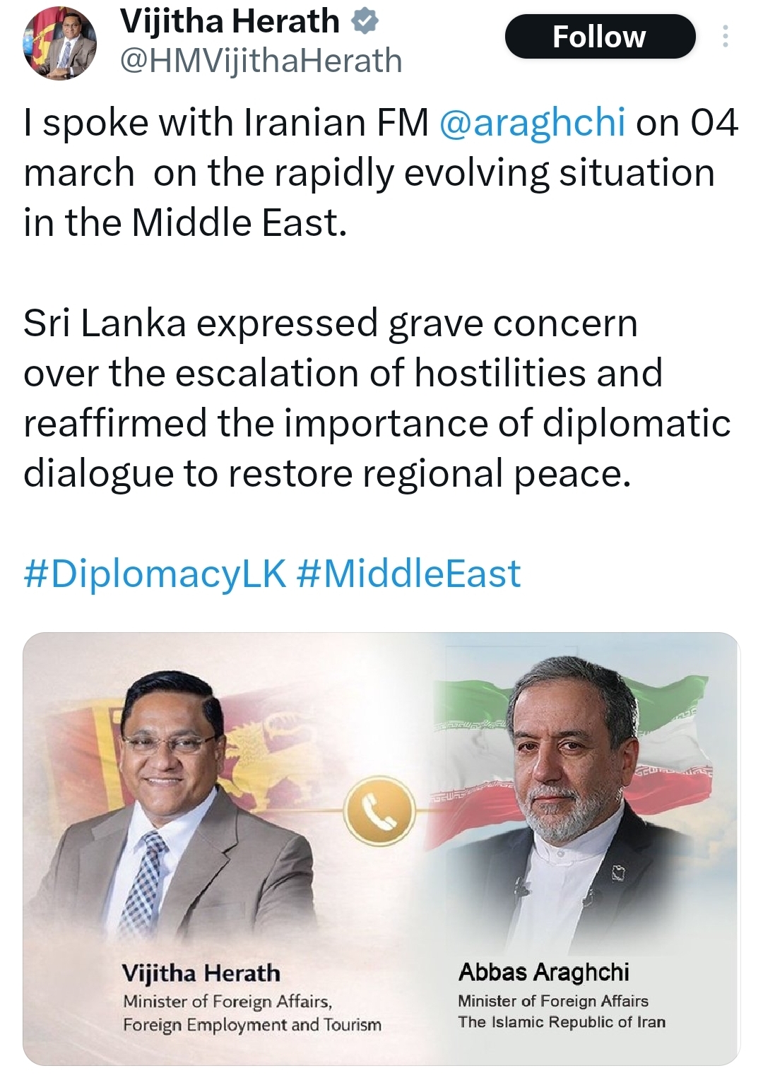 Sri Lanka urges diplomatic dialogue in call with Iran FM