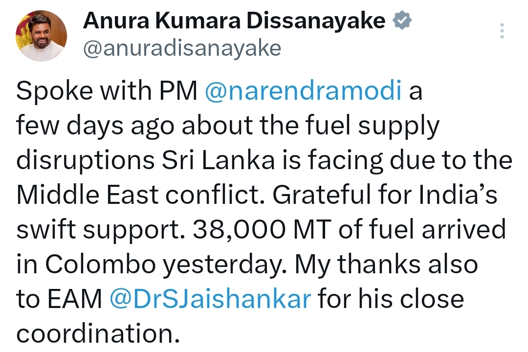 Sri Lankan President thanks India for swift fuel support