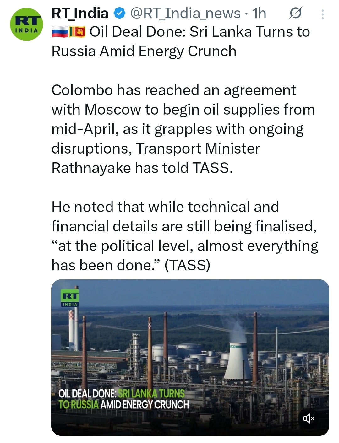 Sri Lanka reaches Political-Level deal with Russia for Oil Supplies – Minister