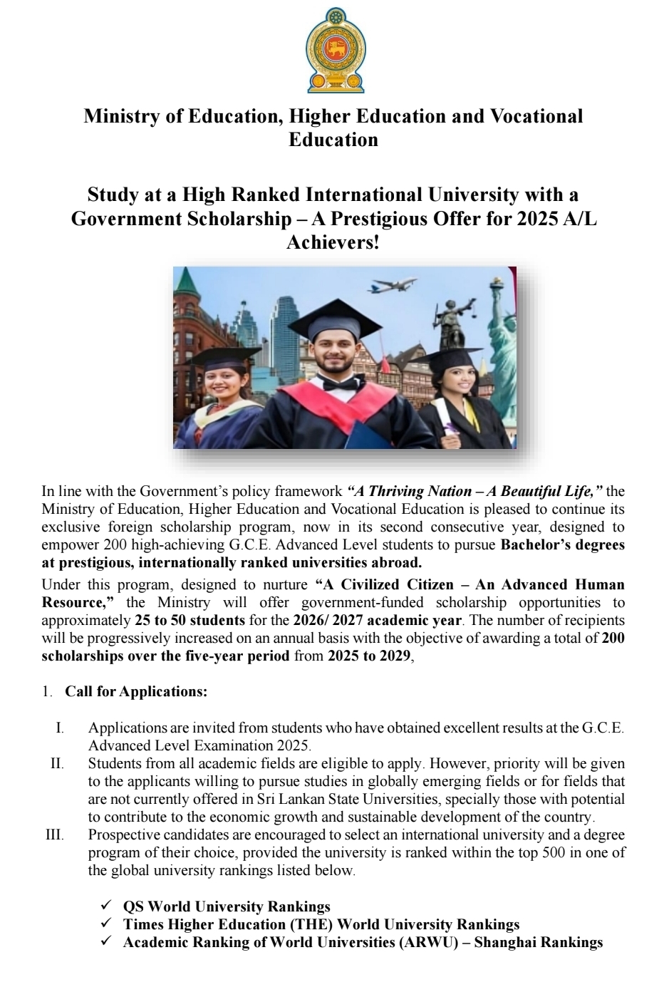 Govt offers foreign university scholarships for A/L high achievers: How to apply