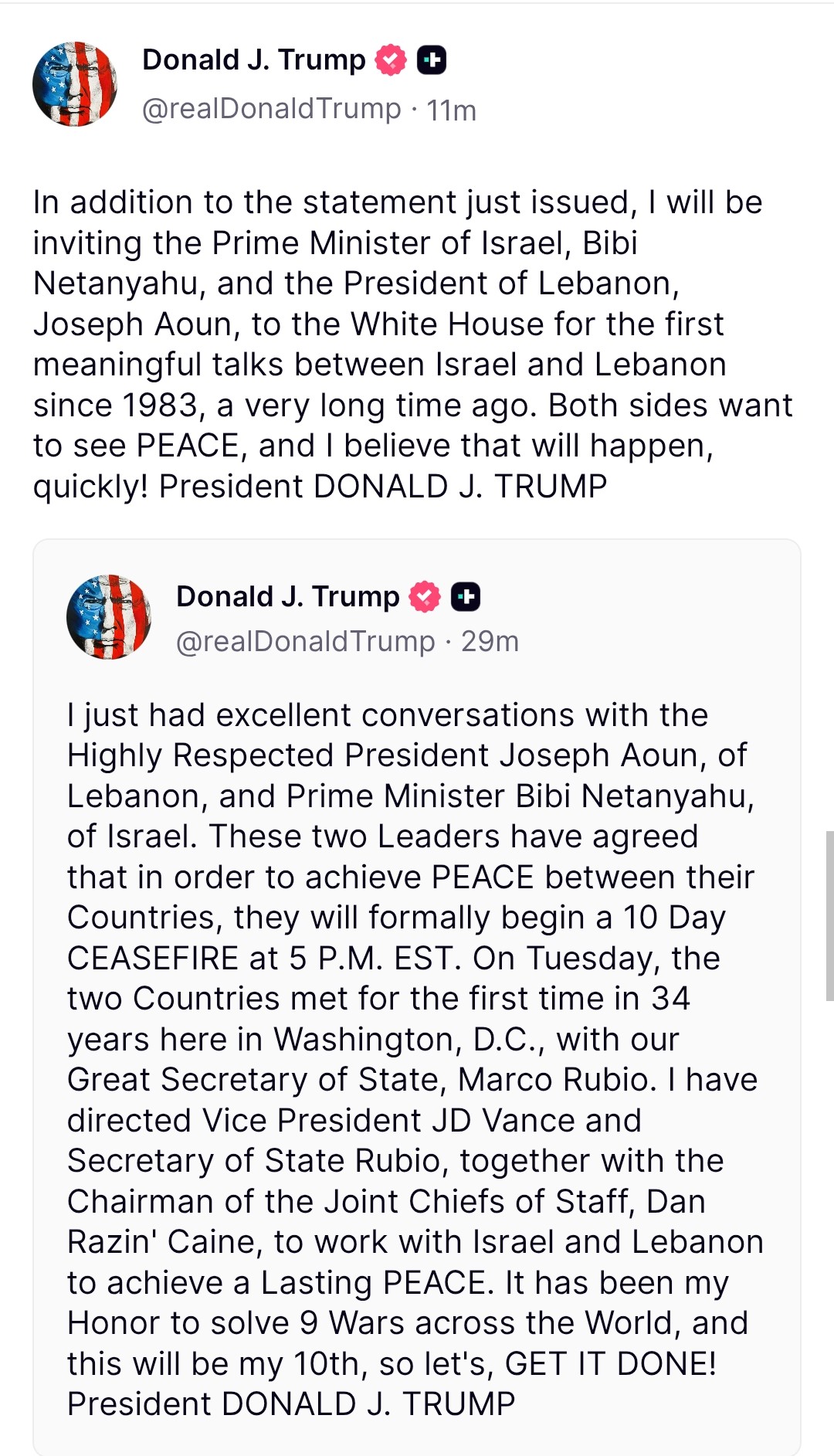 Trump: Israel, Lebanon Agree to 10-Day Ceasefire
