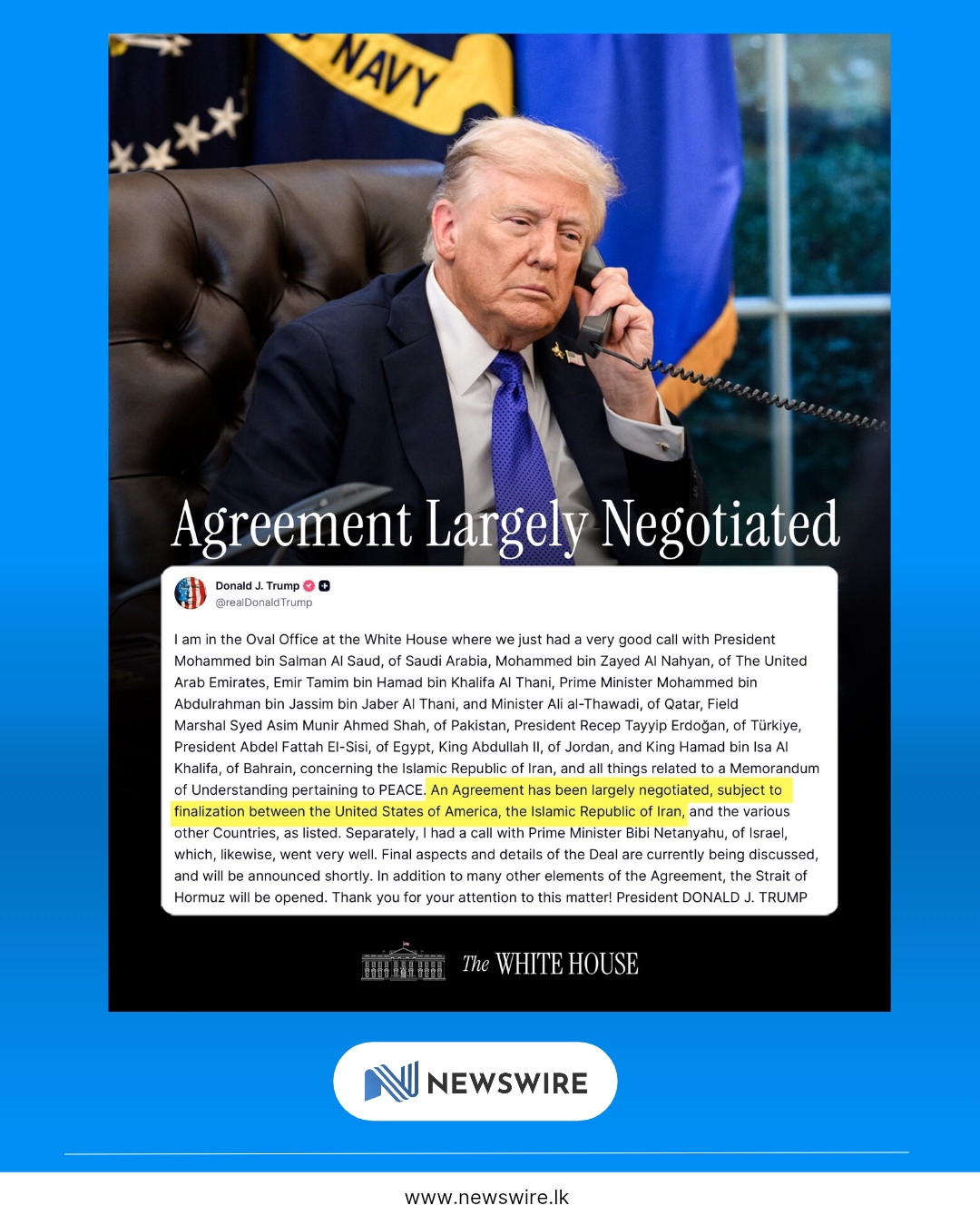 Trump says Iran agreement “largely negotiated”