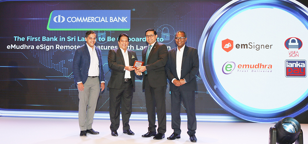 Official Launch of eMudhra e-sign Remote Signature (L-R) Mr. Kaushik Srinivasan - CoFounder - eMudhra Limited; Mr. L H A Lakshman Silva, Chairman of LankaPay; Mr. Sanath Manatunge, Managing Director/CEO of Commercial Bank; and Mr. Channa de Silva, CEO of LankaPay.