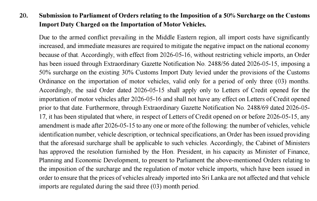 Cabinet clears temporary 50% duty surcharge on vehicle imports