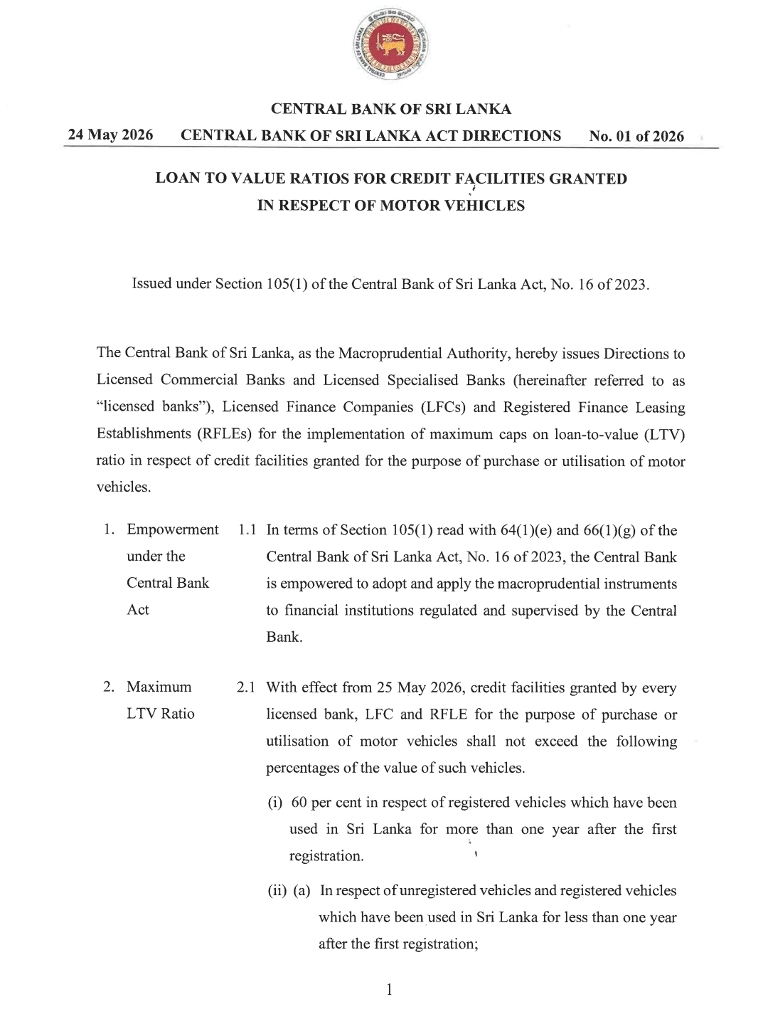 CBSL cuts vehicle financing caps again from May 25