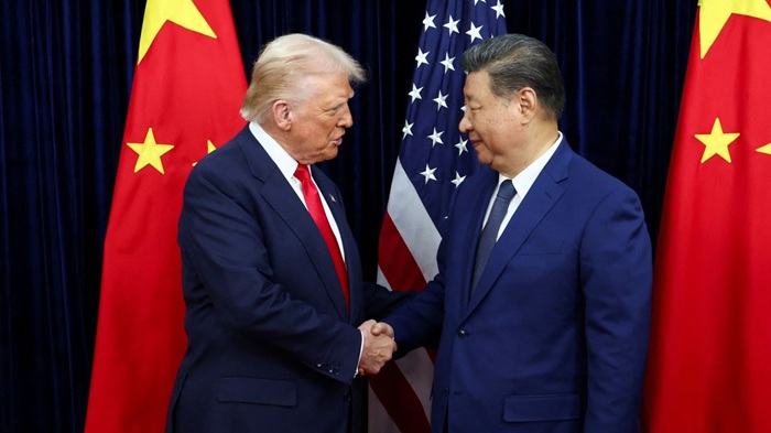 US President Donald Trump lands in China