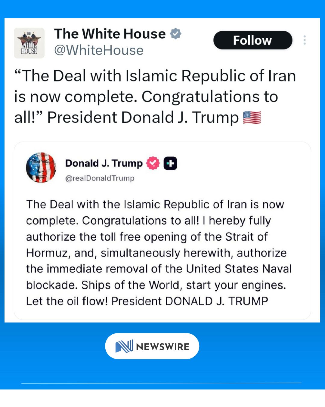 Trump Announces Iran Deal, Says Strait of Hormuz to Reopen