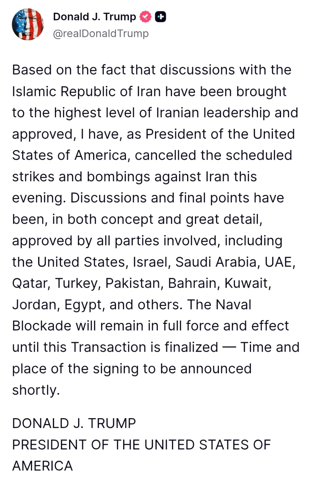 Trump says Iran deal talks halted planned US strikes