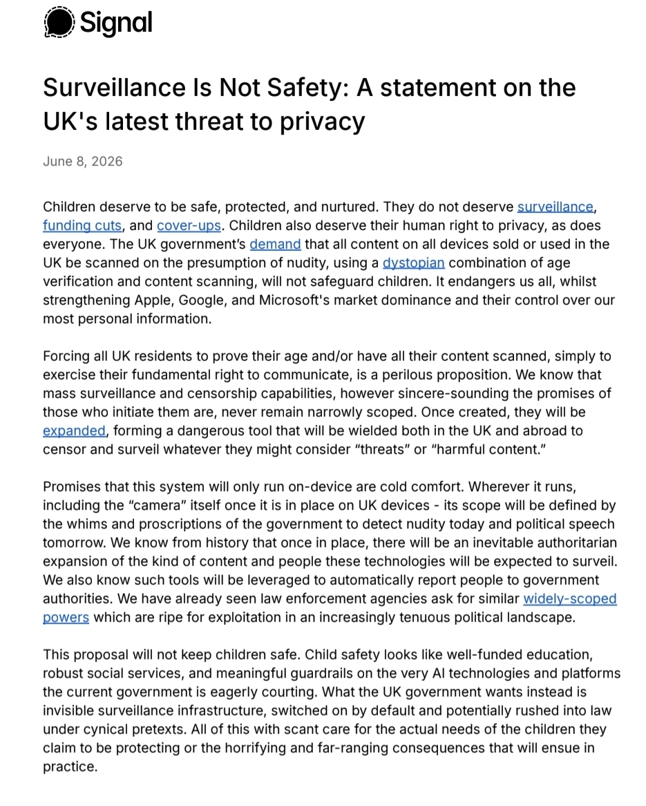 Signal raises alarm over UK plans to scan devices for explicit content