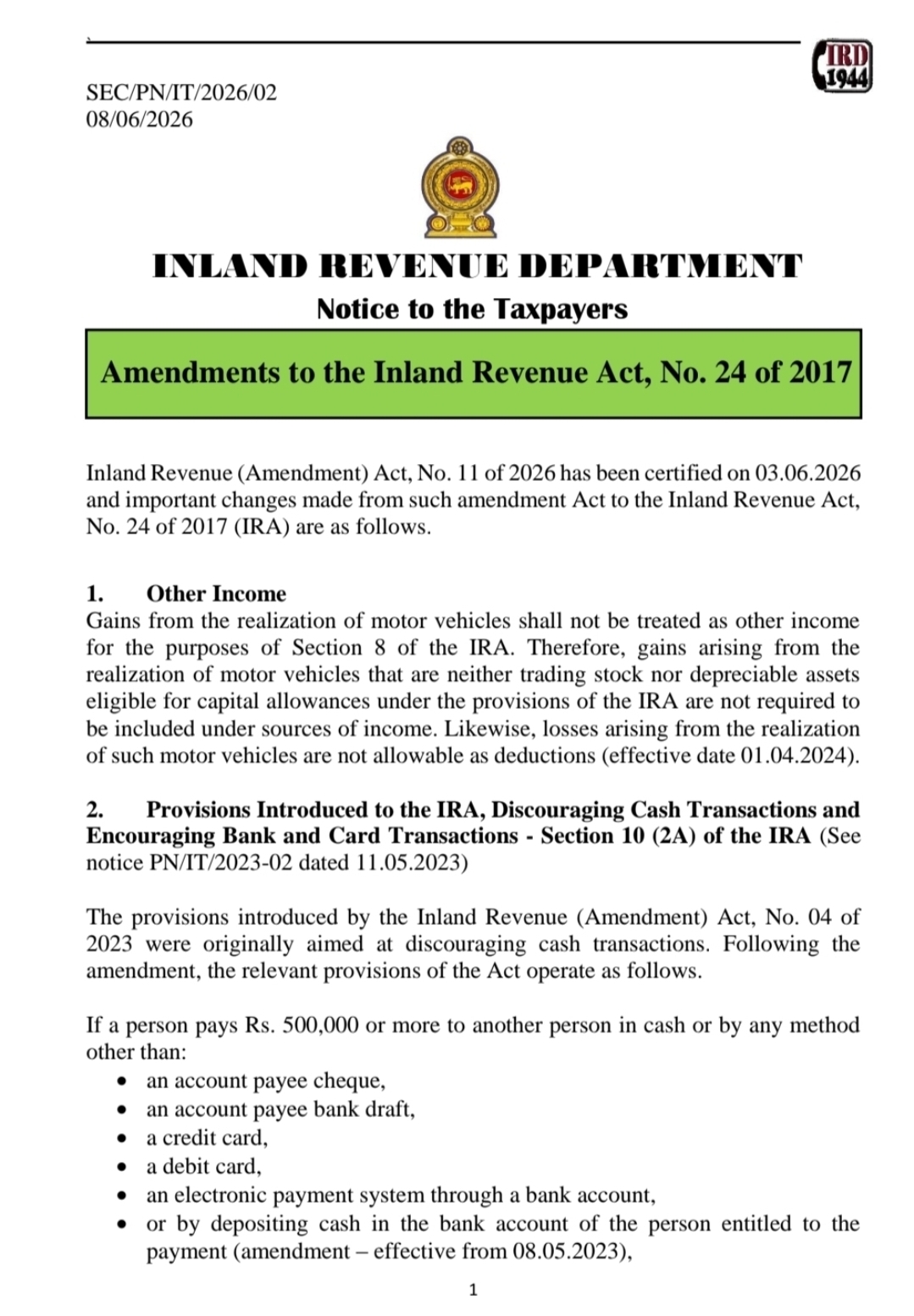 Special Notice for all Taxpayers