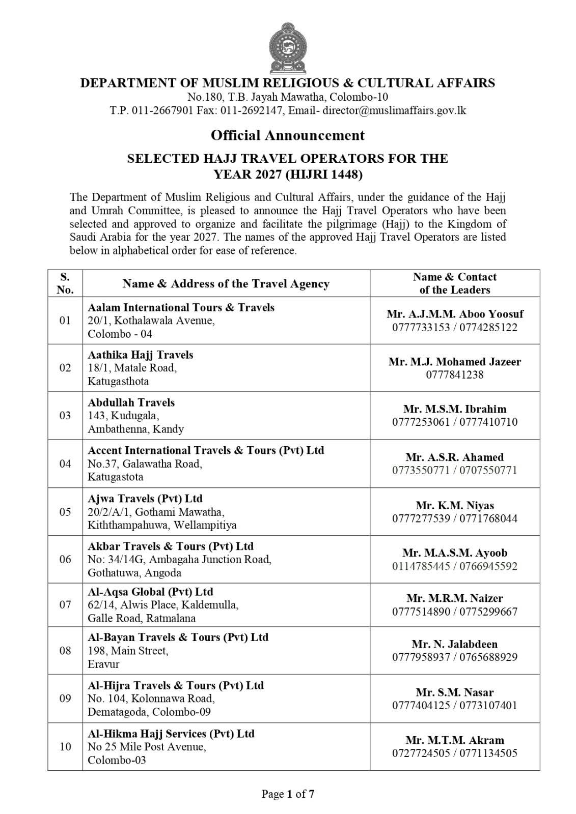 Sri Lanka announces 98 approved Hajj travel operators for 2027 pilgrimage