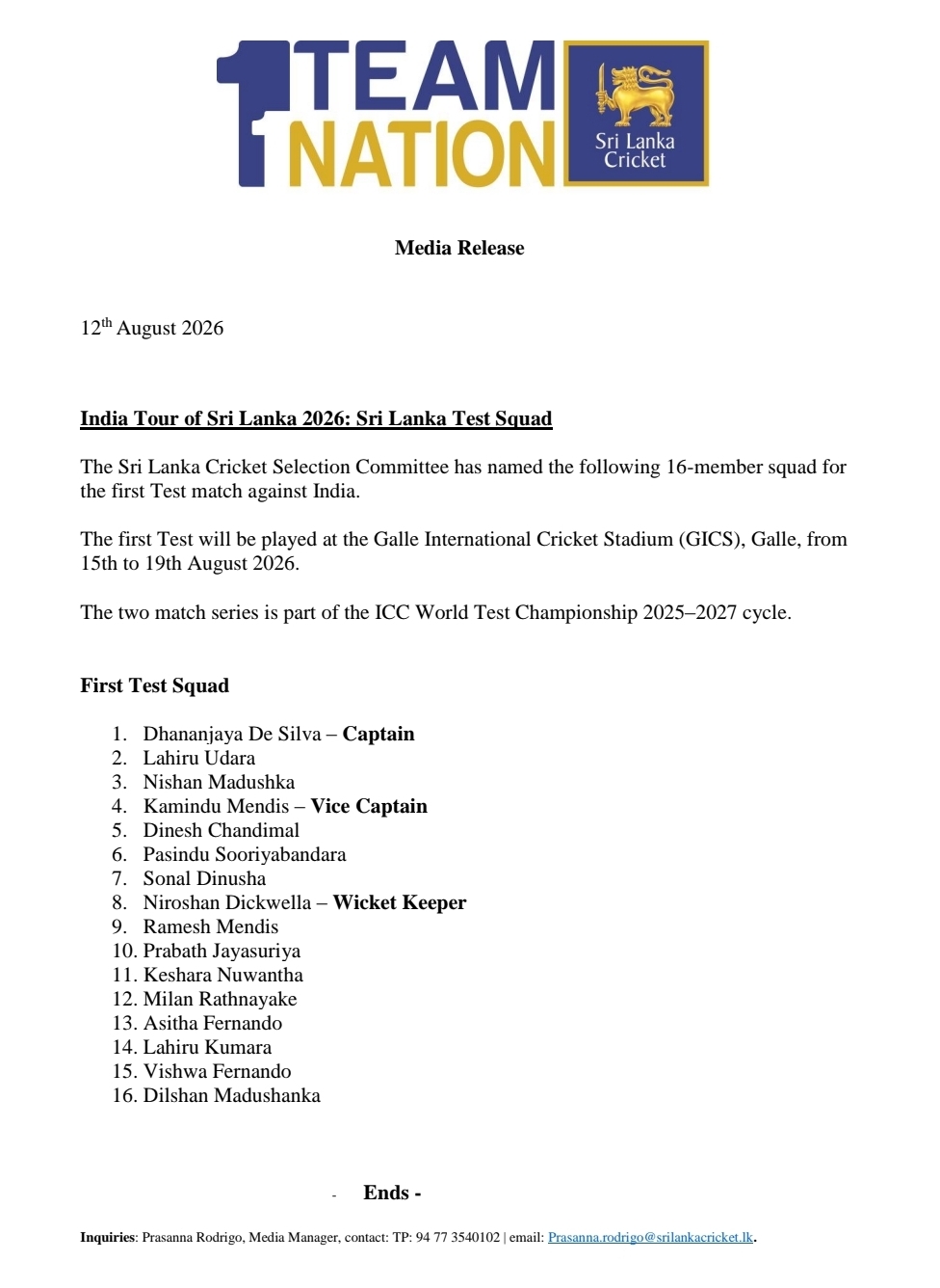 Official: Sri Lanka Test squad announced