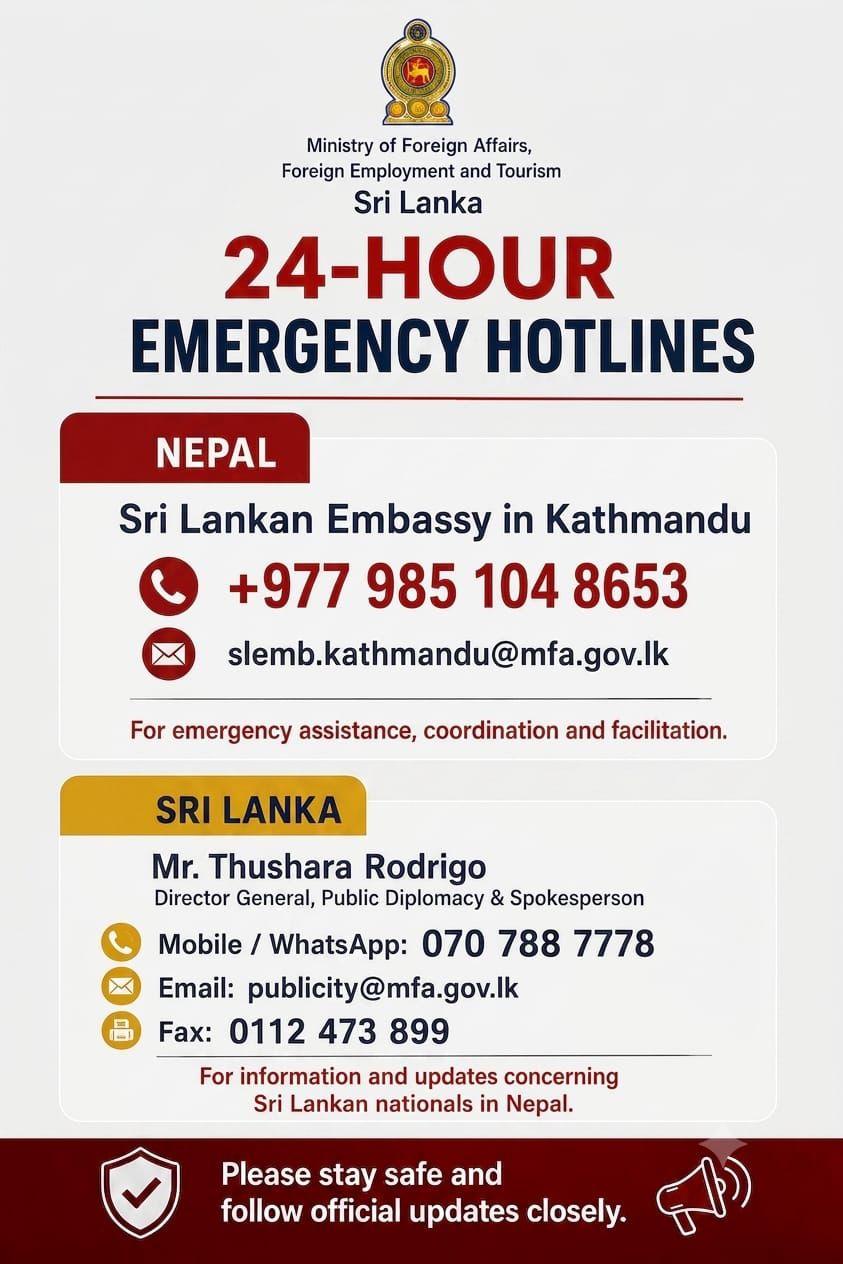 Sri Lanka sets up 24-hour emergency hotlines for nationals in Nepal