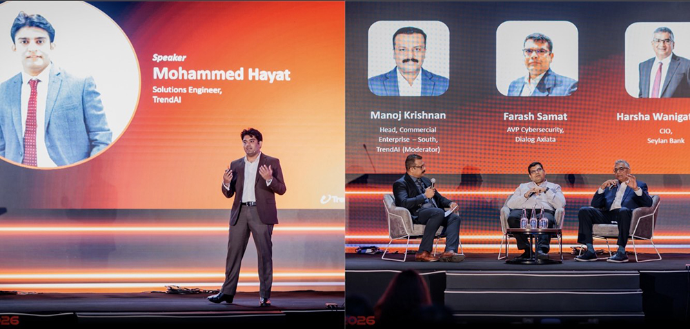 Left: Mohammed Hayat - Solutions Engineer TrendAI, Bottom Right : First from Left - Manoj Krishnan - Head Commercial enterprise - South, TrendAI, Second from Left - Farah Samat - AVP Cybersecurity, Dialog Axiata PLC and Third From Left - Harsha Wanigatunga - CIO - Seylan Bank