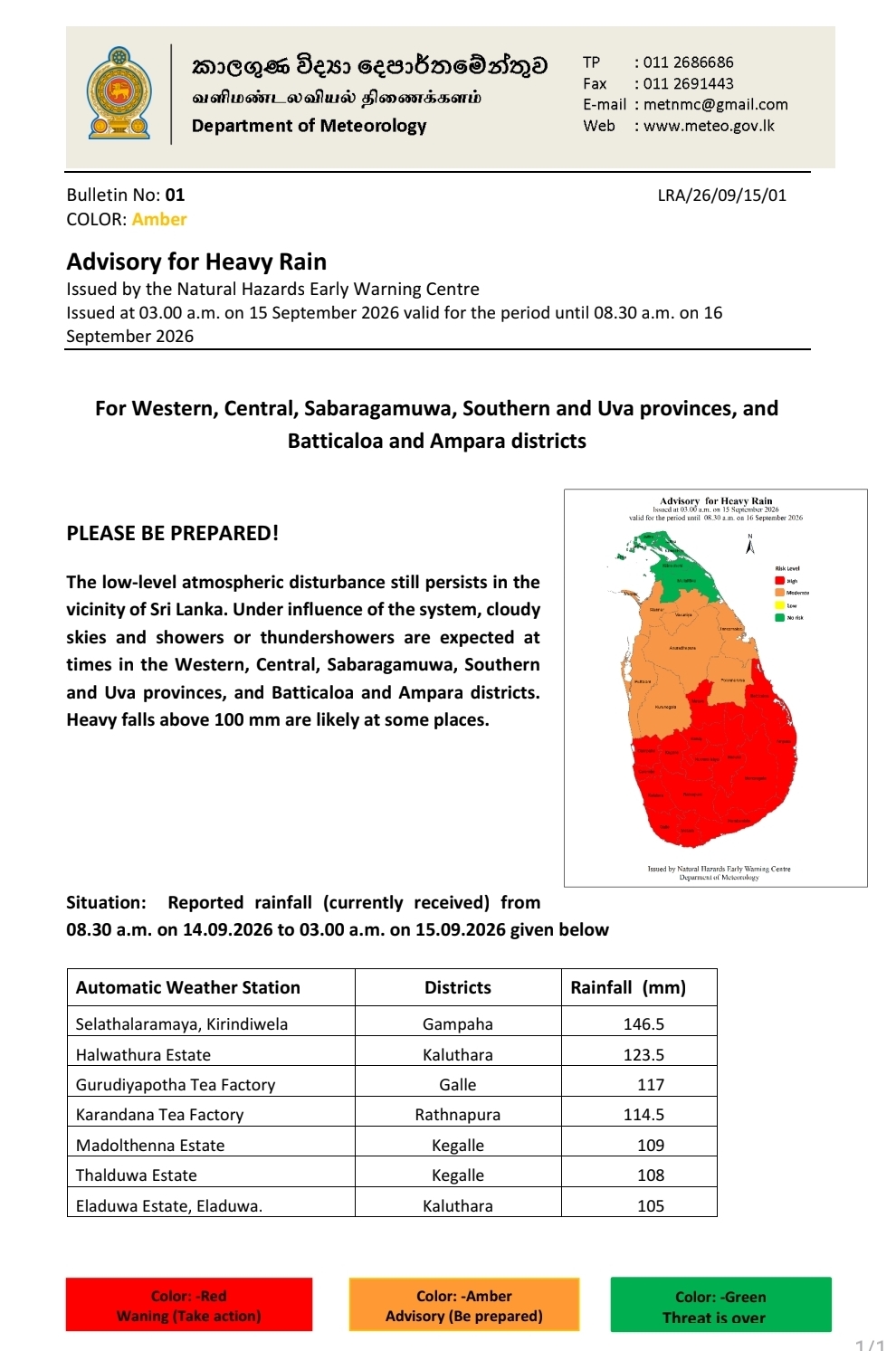 Heavy rain alert issued for several provinces; falls above 100mm expected
