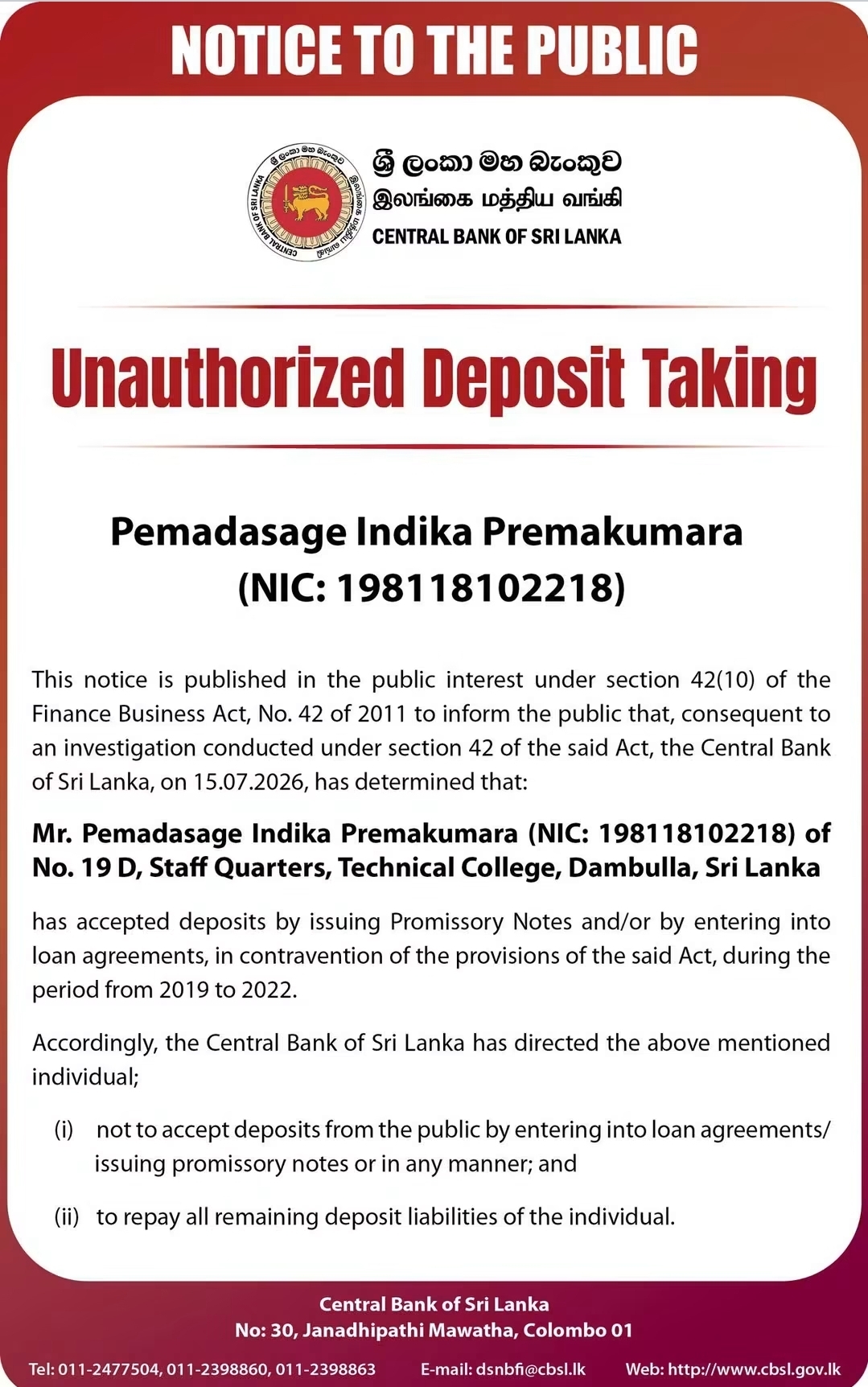 Central Bank names individual in unauthorized deposit-taking case