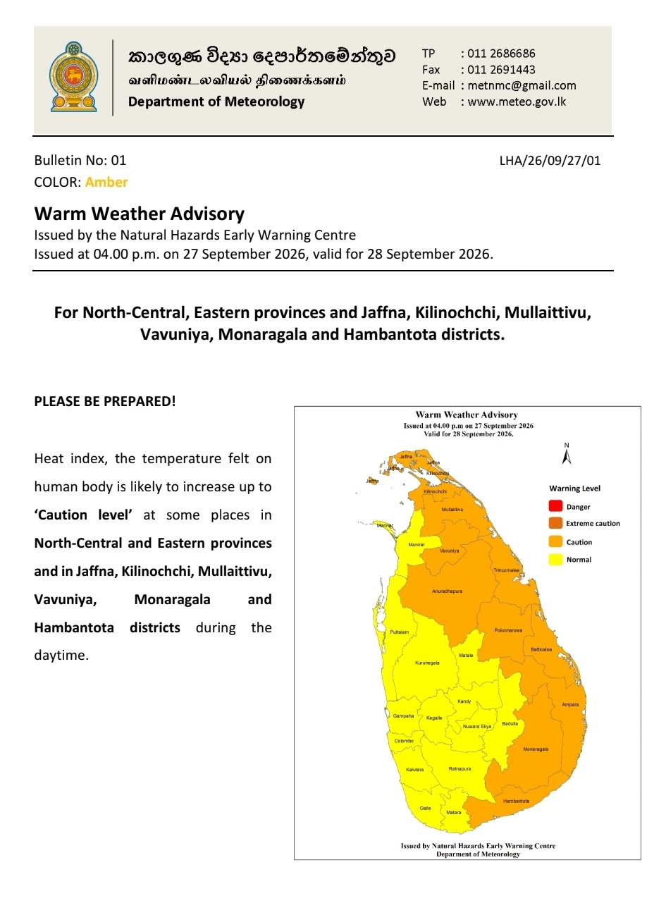 Warm weather advisory issued for several parts of Sri Lanka