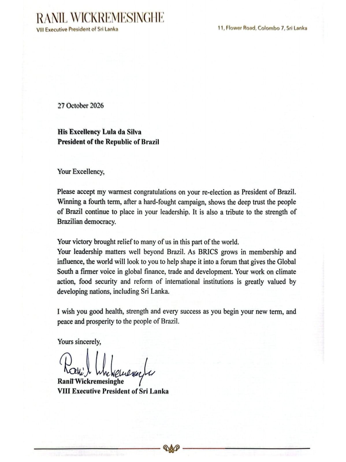 Ranil congratulates Lula on Brazil election victory, says result brought relief to many