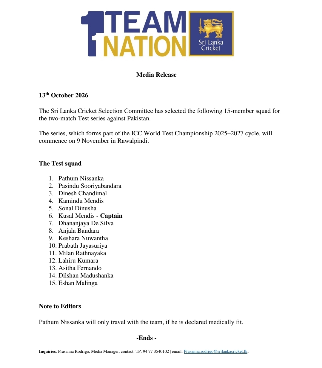 Sri Lanka squad for Pakistan Test Series announced