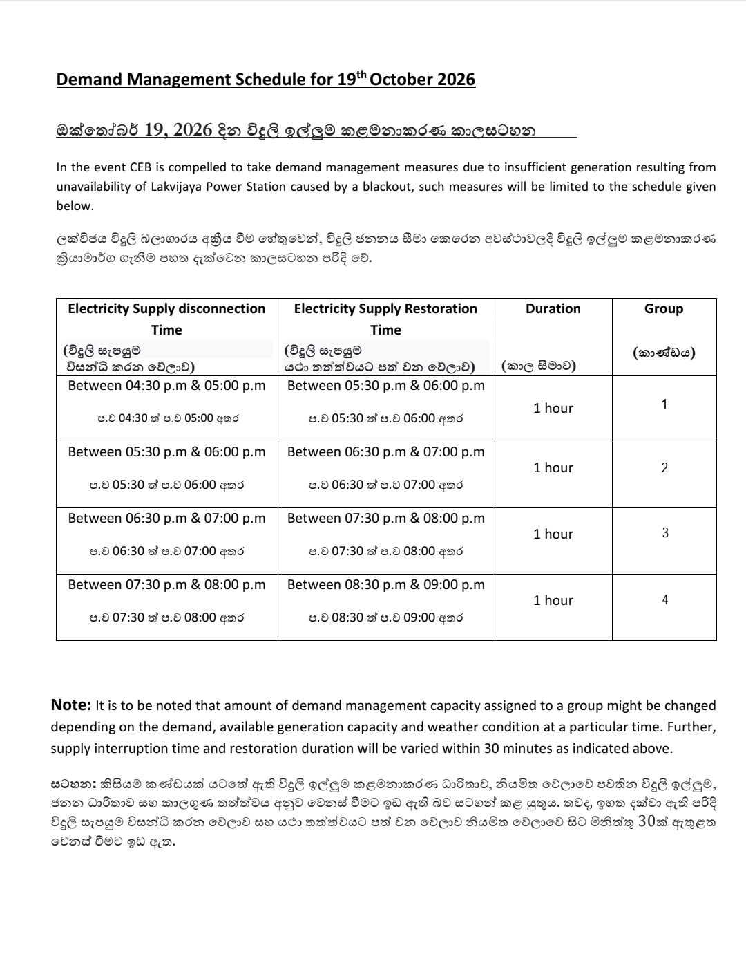 Power Cut Schedule & Areas for 19th, 20th & 21st