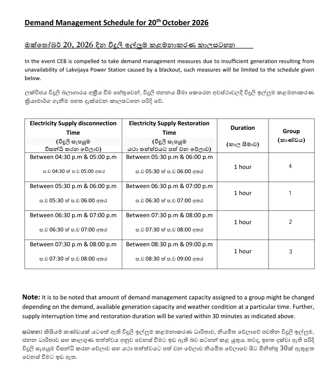 Today’s Power Cut Schedule: 20th October
