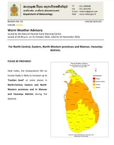 Heat advisory issued for several parts of Sri Lanka on Sunday